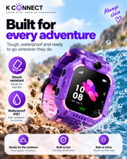 A purple and pink K-Connect kids' smartwatch with a rugged protective case, shown floating in splashing water with rocks in the background. The image includes promotional text and feature icons for shock resistance, waterproof IP67, and outdoor readiness.