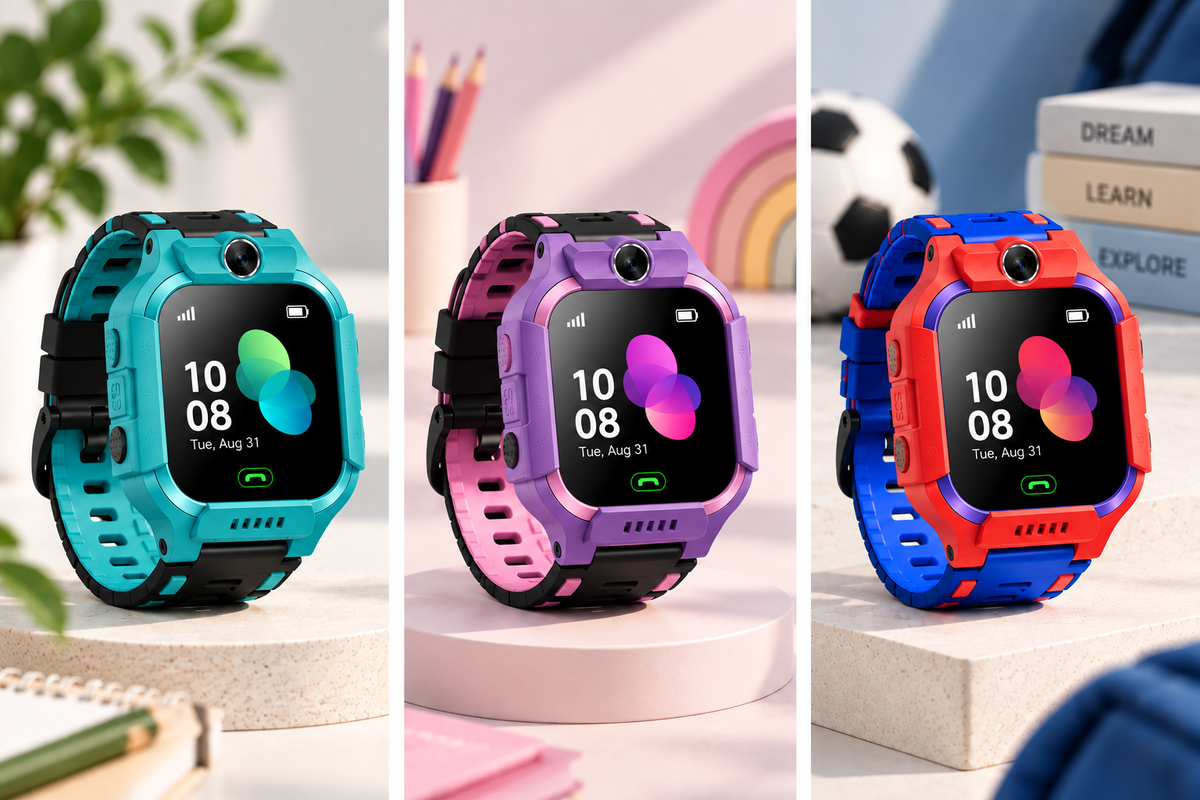 Three kids' smartwatches with colorful protective casings are displayed side by side on pedestals. The watches have black screens and straps, with turquoise, purple, and red-orange colorways.
