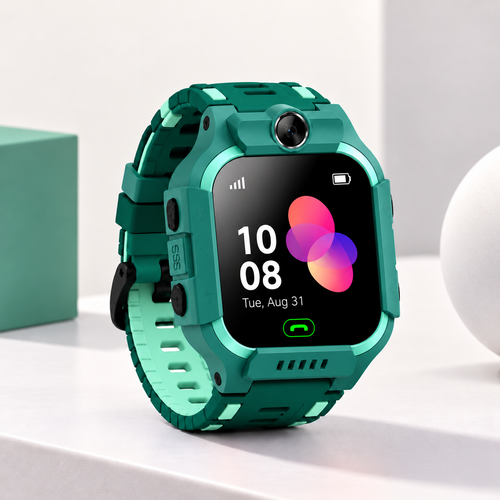 A rugged smartwatch with a metallic teal-green protective case and a matching green strap, shown standing on a white surface with a soft-focus light gray background and minimal props.