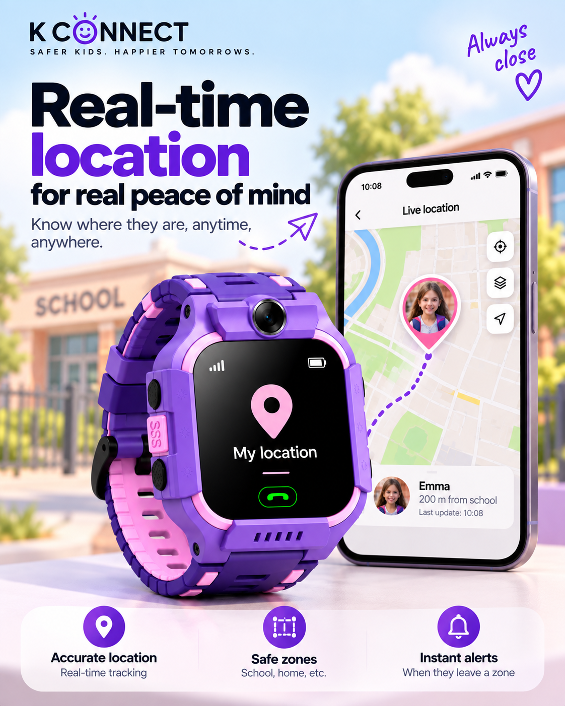 Purple and pink K-Connect kids' smartwatch shown alongside a smartphone displaying a live location map, with promotional text and feature icons on a light blue background.