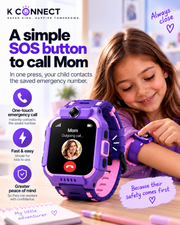 A child wearing a purple and pink K-Connect kids' smartwatch with an SOS button call feature, shown in a lifestyle setting with a smiling girl looking at the screen. The image includes promotional text and icons highlighting the one-touch emergency call feature.