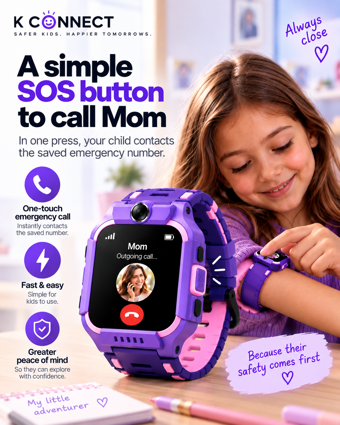 A child wearing a purple and pink K-Connect kids' smartwatch with an SOS button call feature, shown in a lifestyle setting with a smiling girl looking at the screen. The image includes promotional text and icons highlighting the one-touch emergency call feature.