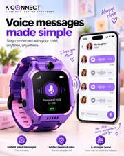 Purple and pink K-Connect kids' smartwatch shown prominently on a colorful promotional background, with a smartphone screen beside it displaying voice message recordings. Large text reads 'Voice messages made simple' and includes marketing copy about staying connected with a child anytime, anywhere.